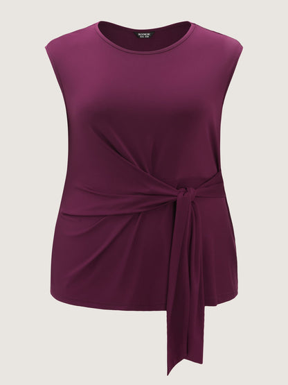 Ruched Side Knotted Plain Knit Top