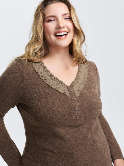 Lace Trim V-Neck Stretchy T-Shirt