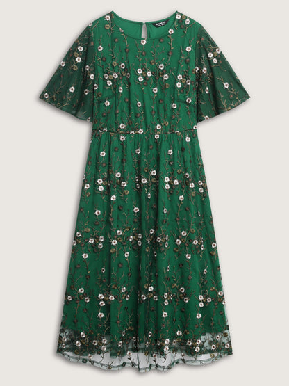 Floral Embroidered Mesh Midi Dress