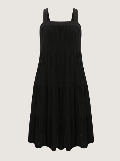 Pleated Wide-Straps Plain Midi Dress