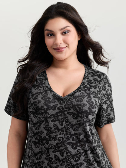 Textured Butterfly Pattern V-Neck T-Shirt