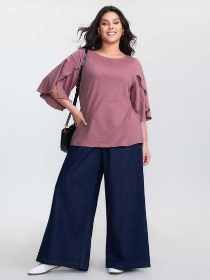 Petal Sleeve Plain Round Neck Knit Top