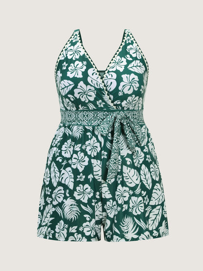 Tropical Print Waist-Tie One-Piece Swimsuit
