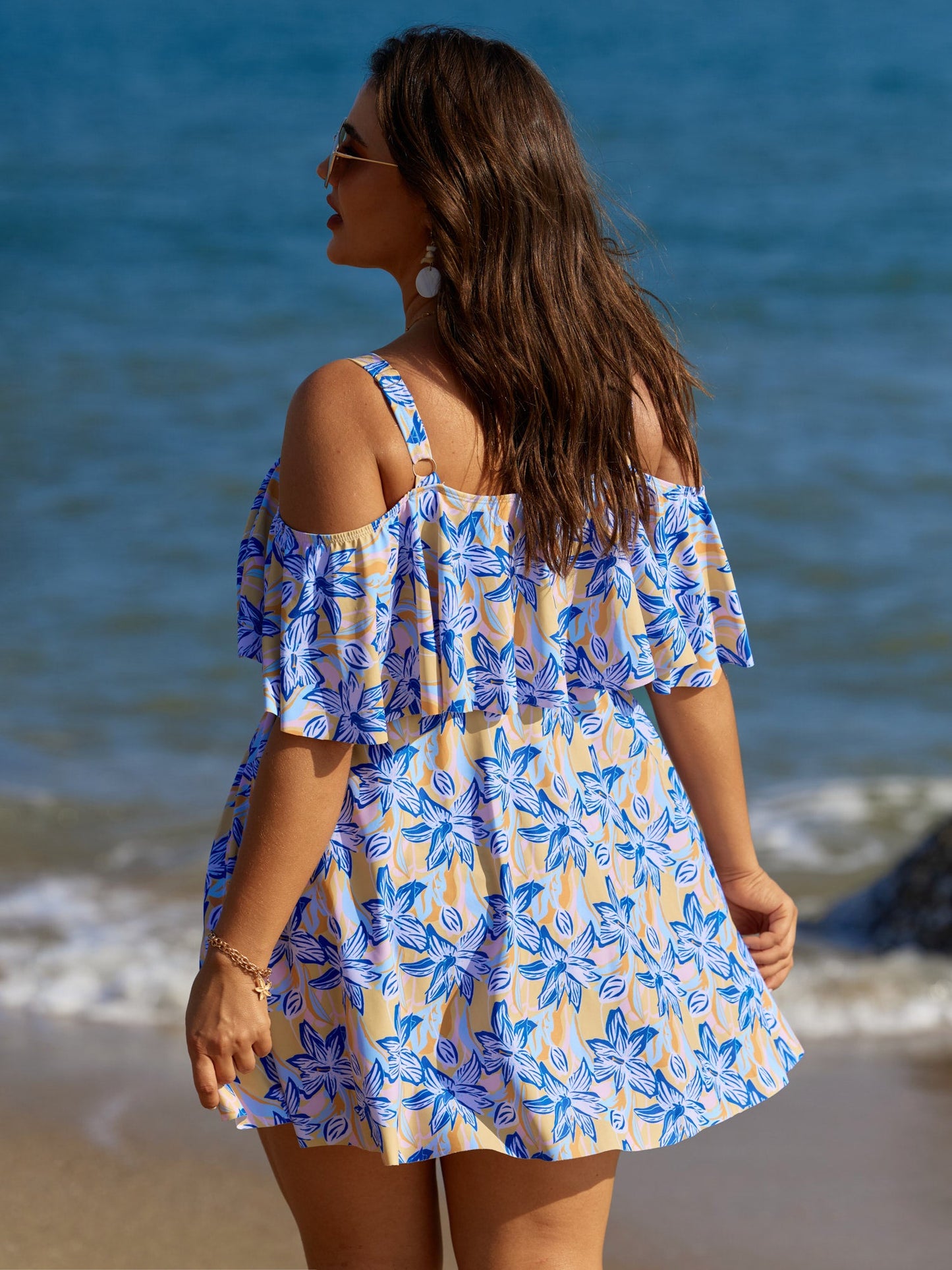 Floral Ruffle Trim Off Shoulder Pockets Swim Dress
