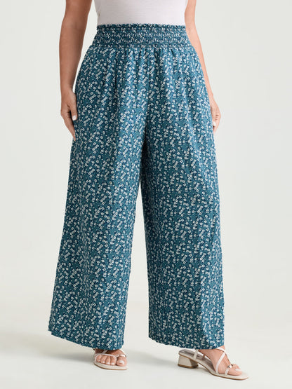Micro Floral Print Wide Shirred Waistband Pants