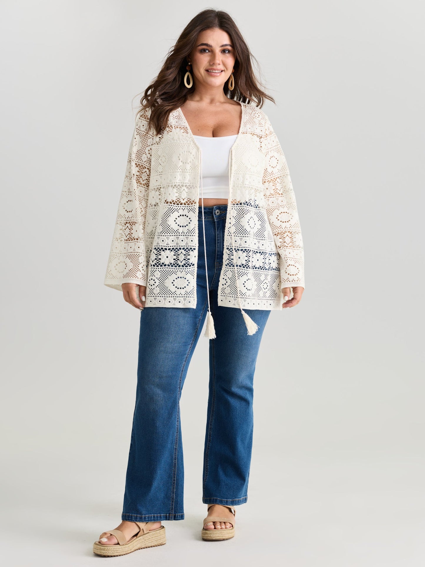 Lace Hollow Front-Tie Kimono