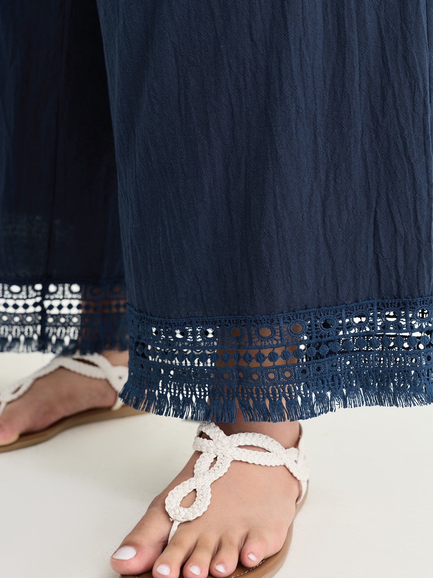 Cotton Wide Shirred Waistband Lace Hem Pants