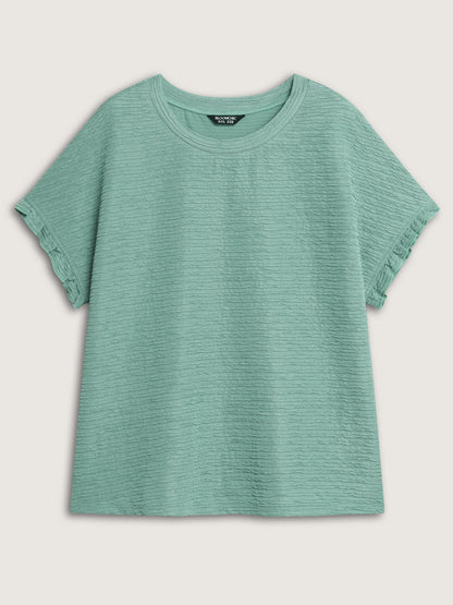 Textured Ruffled Sleeve Detail Plain T-Shirt
