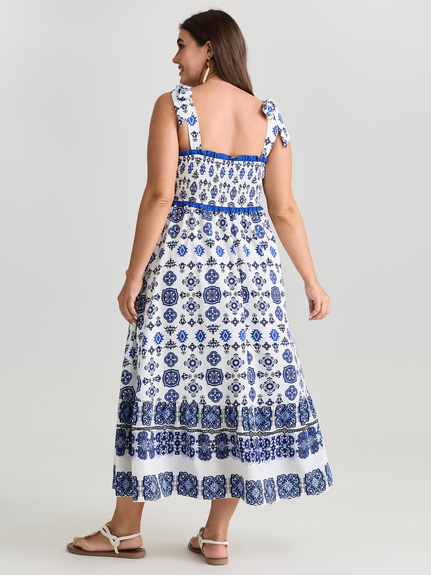 Geometric Boho Print Shoulder-Tie Contrast Maxi Dress