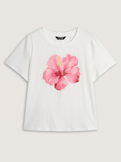 Cotton Bright Floral Print Crew Neckline T-Shirt