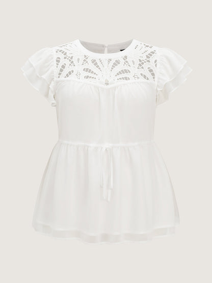 Cut Out Floral Neckline Plain Blouse