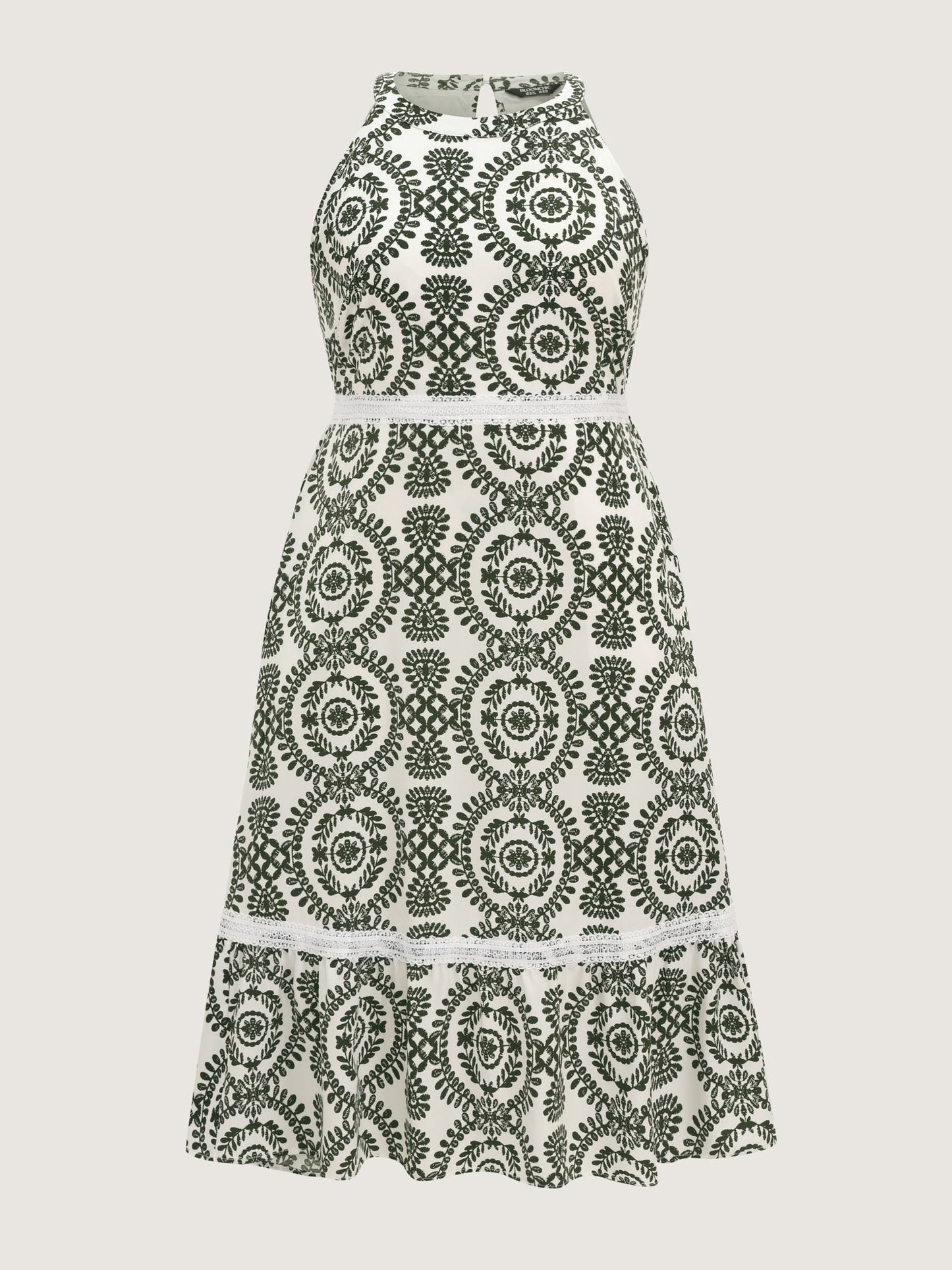Ornate Print Lace Trim Halter Neckline Midi Dress