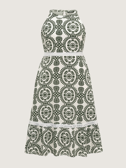 Ornate Print Lace Trim Halter Neckline Midi Dress