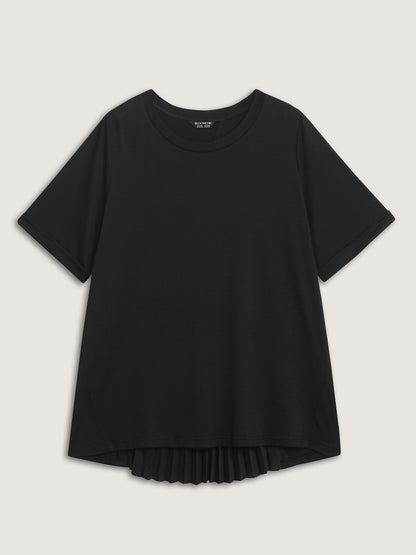 Stretchy Round Neck Rolled Cuff Sleeve T-Shirt