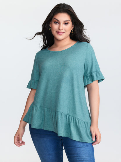 Supersoft Stretchy Ruffled Hem Plain Knit Top