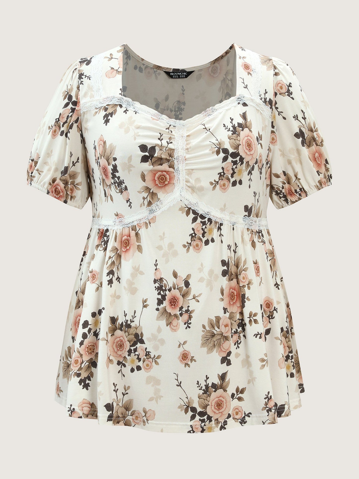 Floral Print Lace Trim Knit Top