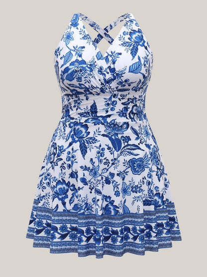 plus size dresses Boho Print Ruched Pockets Swim Dress