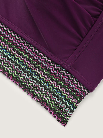 Twist Front Patchwork Woven Ribbon Swim Top