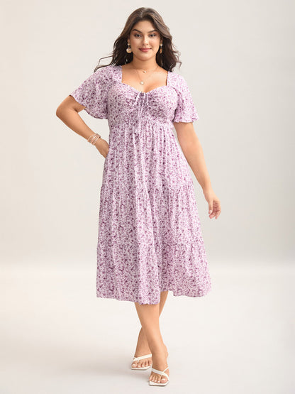 plus size Ditsy Floral Sweetheart Drawstring Pocket Tiered Dress