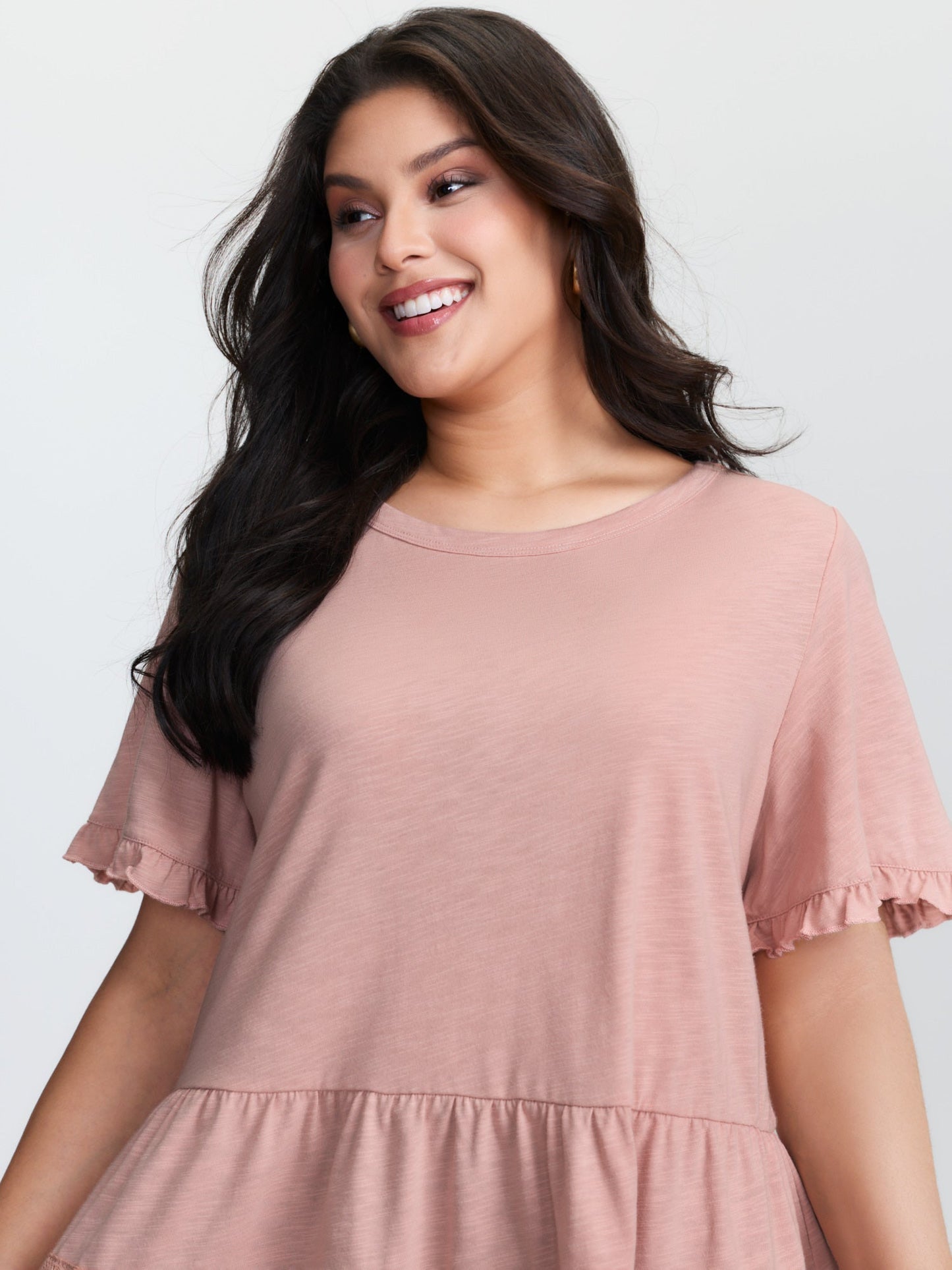 Lace Trim Ruffled Hem Plain Knit Top