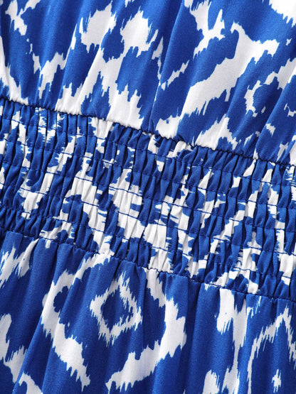 Abstract Print Drawstring Neckline Shirred Mini Dress