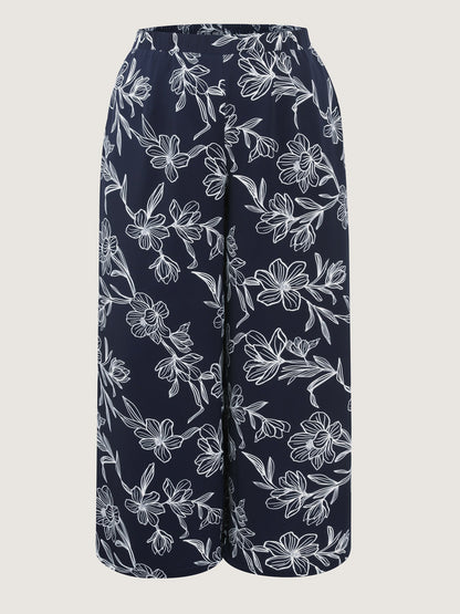 Floral Print Pull-On Wide-Leg Pants