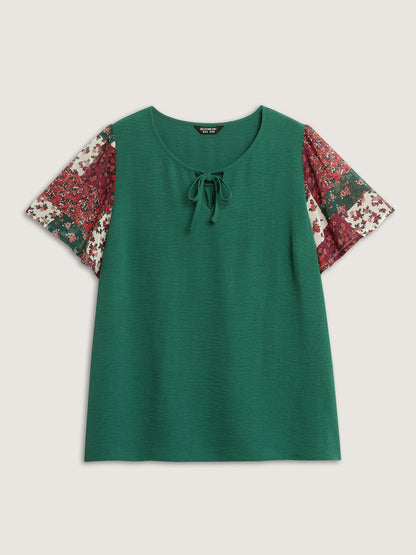Floral Collage Print Keyhole Neckline Blouse