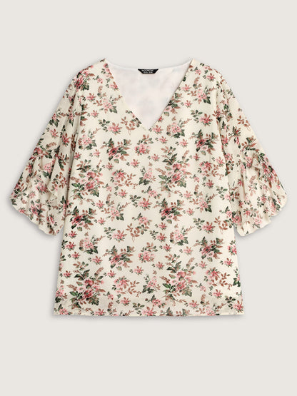 Floral Print Flared Sleeve Lined Blouse