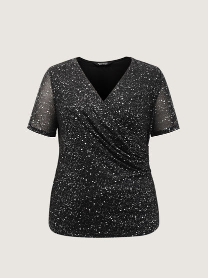 Shimmery Wrap Neck Sheer Sleeve T-Shirt