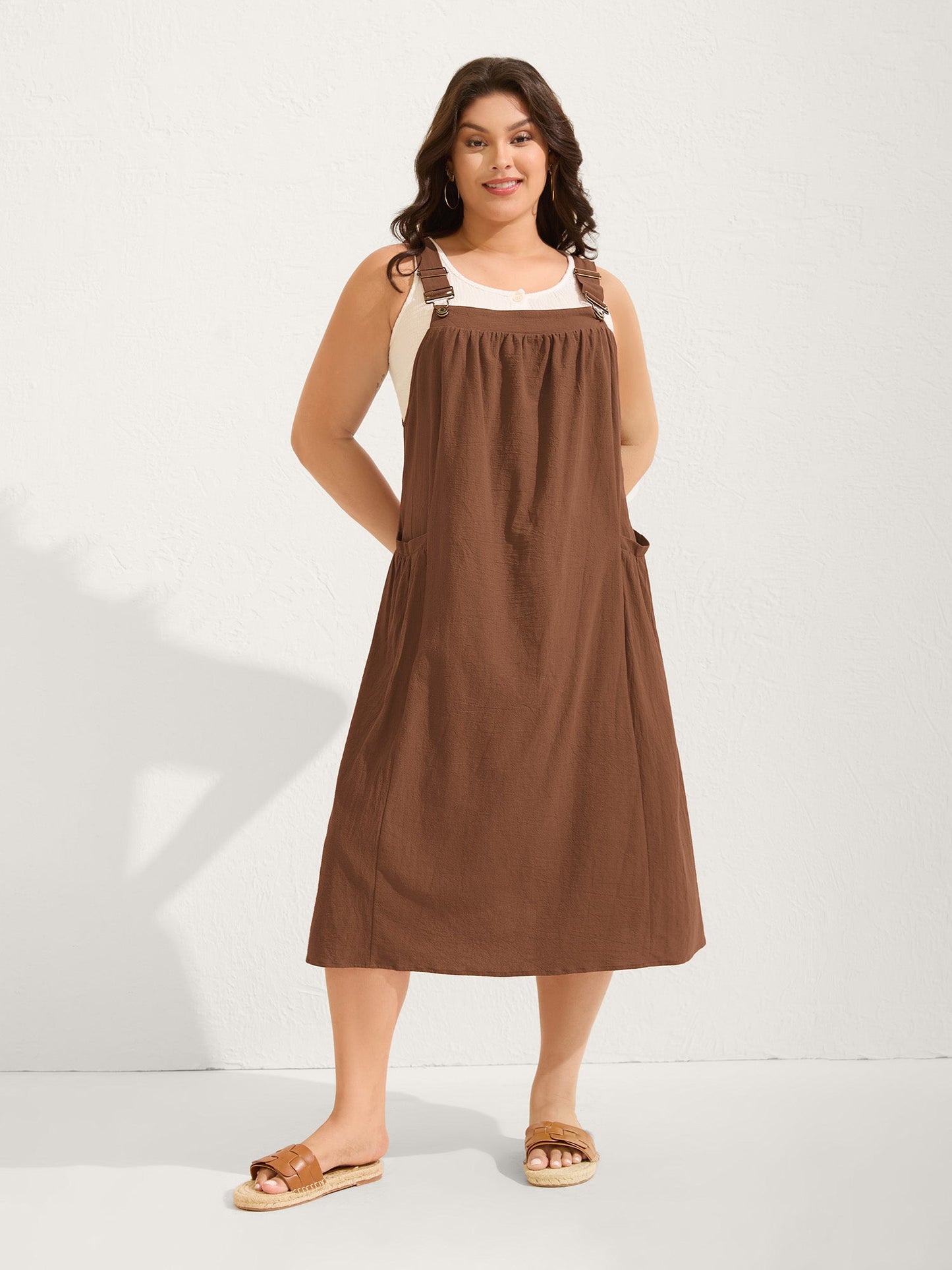 plus size Pure Cotton Pleated Pockets Midi Dress
