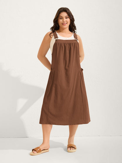 plus size Pure Cotton Pleated Pockets Midi Dress