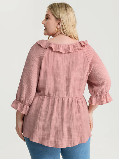 Pure Cotton Lotus Leaf Neckline Plain Blouse
