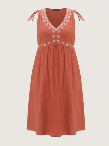 Pure Cotton Embroidered Adjustable Shoulder Midi Dress