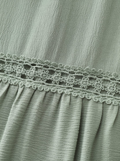 Lace Trim Drawstring Neckline Plain Midi Dress