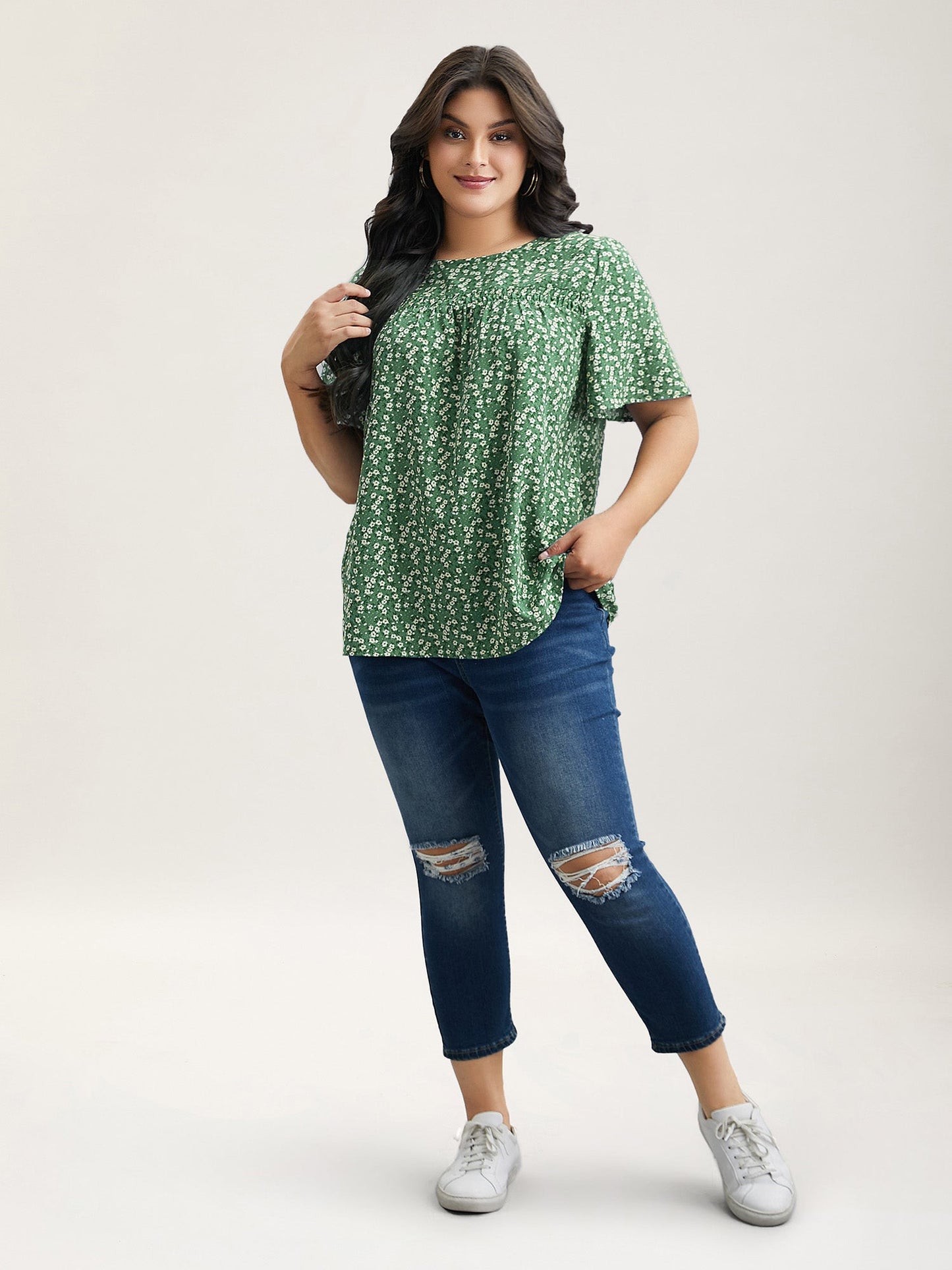 Floral Ruffle Sleeve Gathered Round Neck Blouse