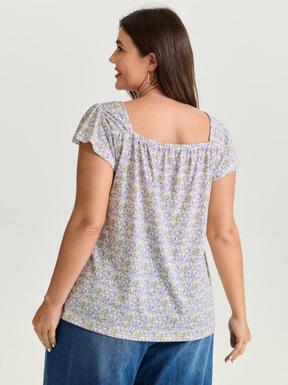 Micro Floral Print Shirred Neckline Knit Top