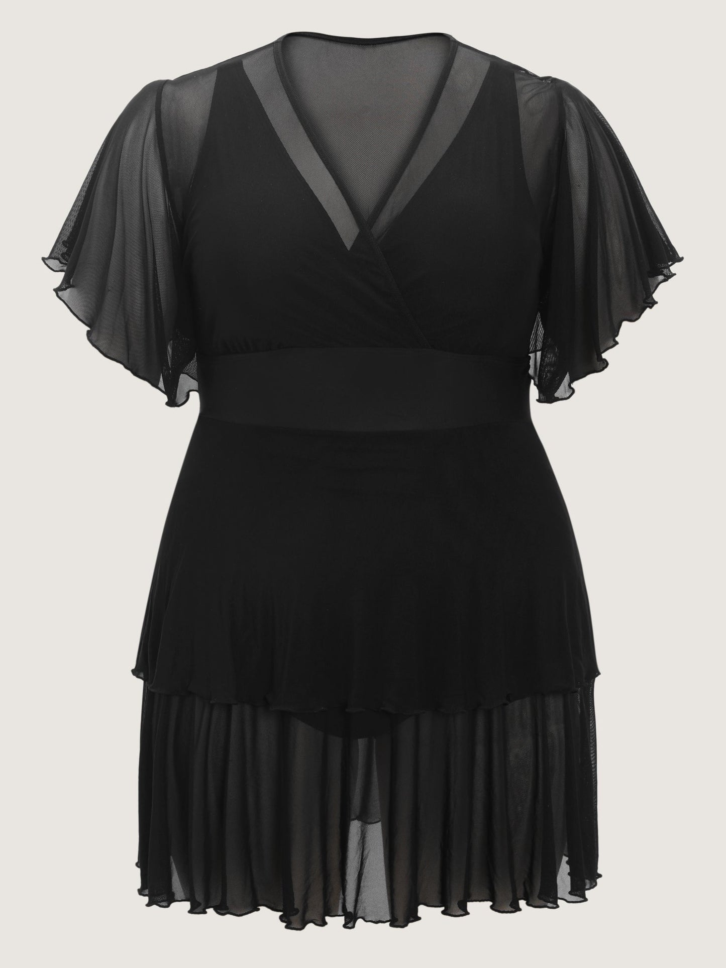 Sheer Ruffled Sleeve Layered Swim Dress