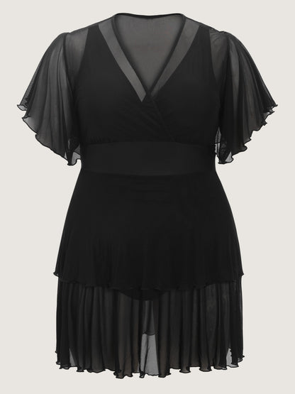 Sheer Ruffled Sleeve Layered Swim Dress