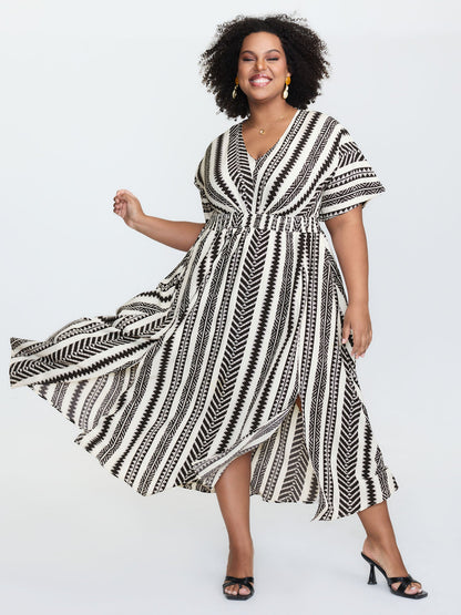 plus size Solid Geometric Dolman Sleeve Pocket Shirred Split Hem Dress