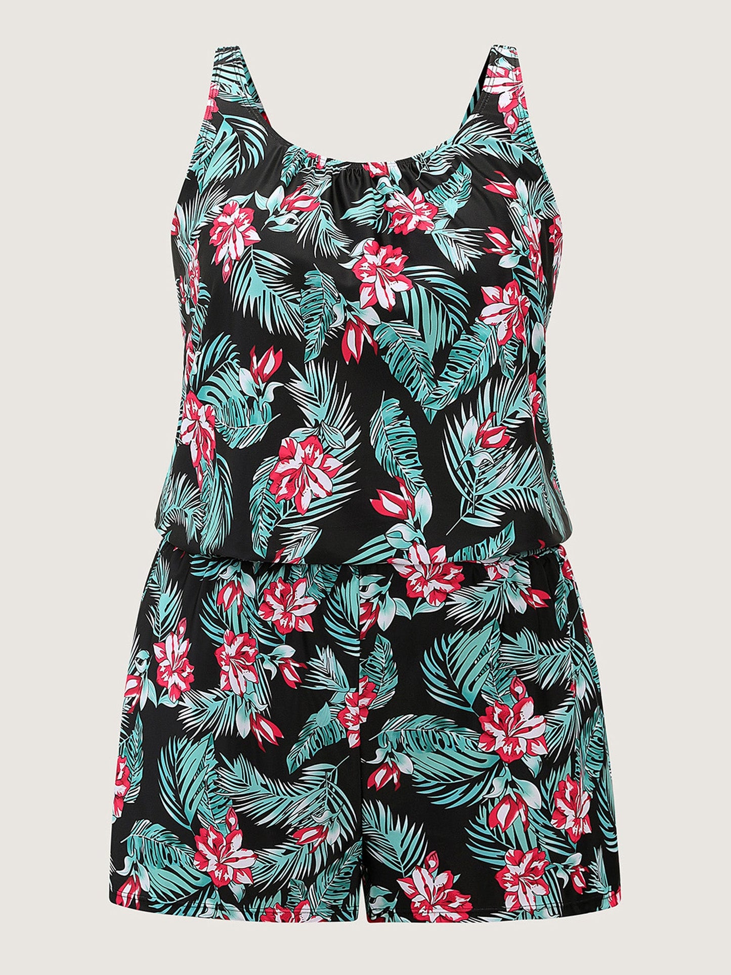 plus size Tropical Flower Print Pockets One-Piece Swimsuit