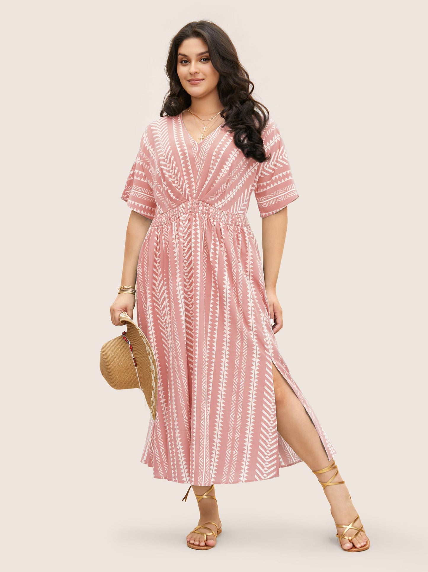 plus size Solid Geometric Dolman Sleeve Pocket Shirred Split Hem Dress
