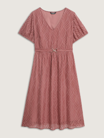 Plain Textured Belted V-Neck Midi Dress
