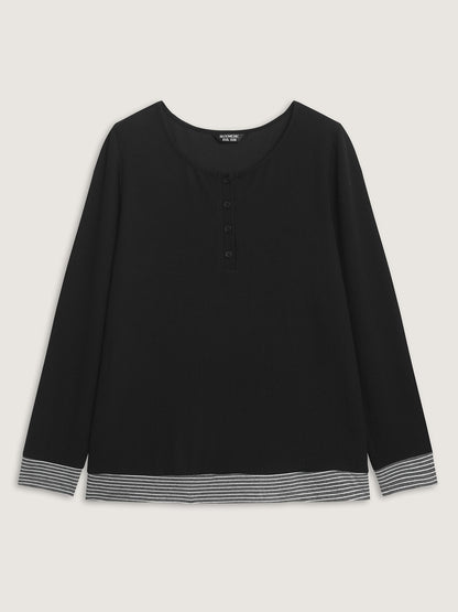 Striped Contrast Button Placket T-Shirt