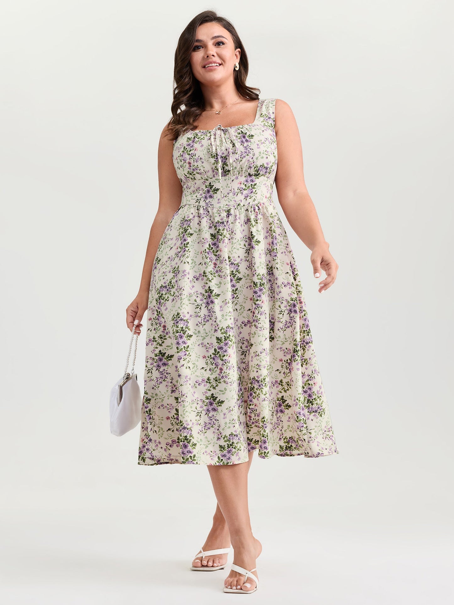 plus size  Floral Print Adjustable Bust-Tie Pockets Midi Dress