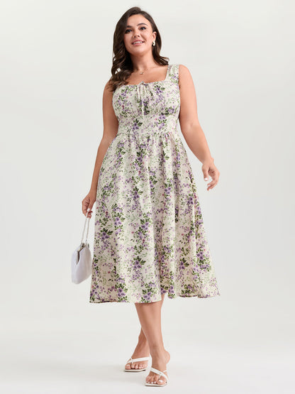 plus size  Floral Print Adjustable Bust-Tie Pockets Midi Dress