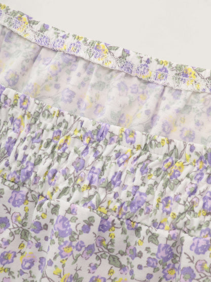 Micro Floral Print Shirred Neckline Knit Top