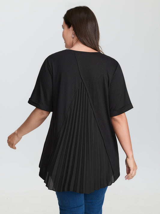Stretchy Round Neck Rolled Cuff Sleeve T-Shirt