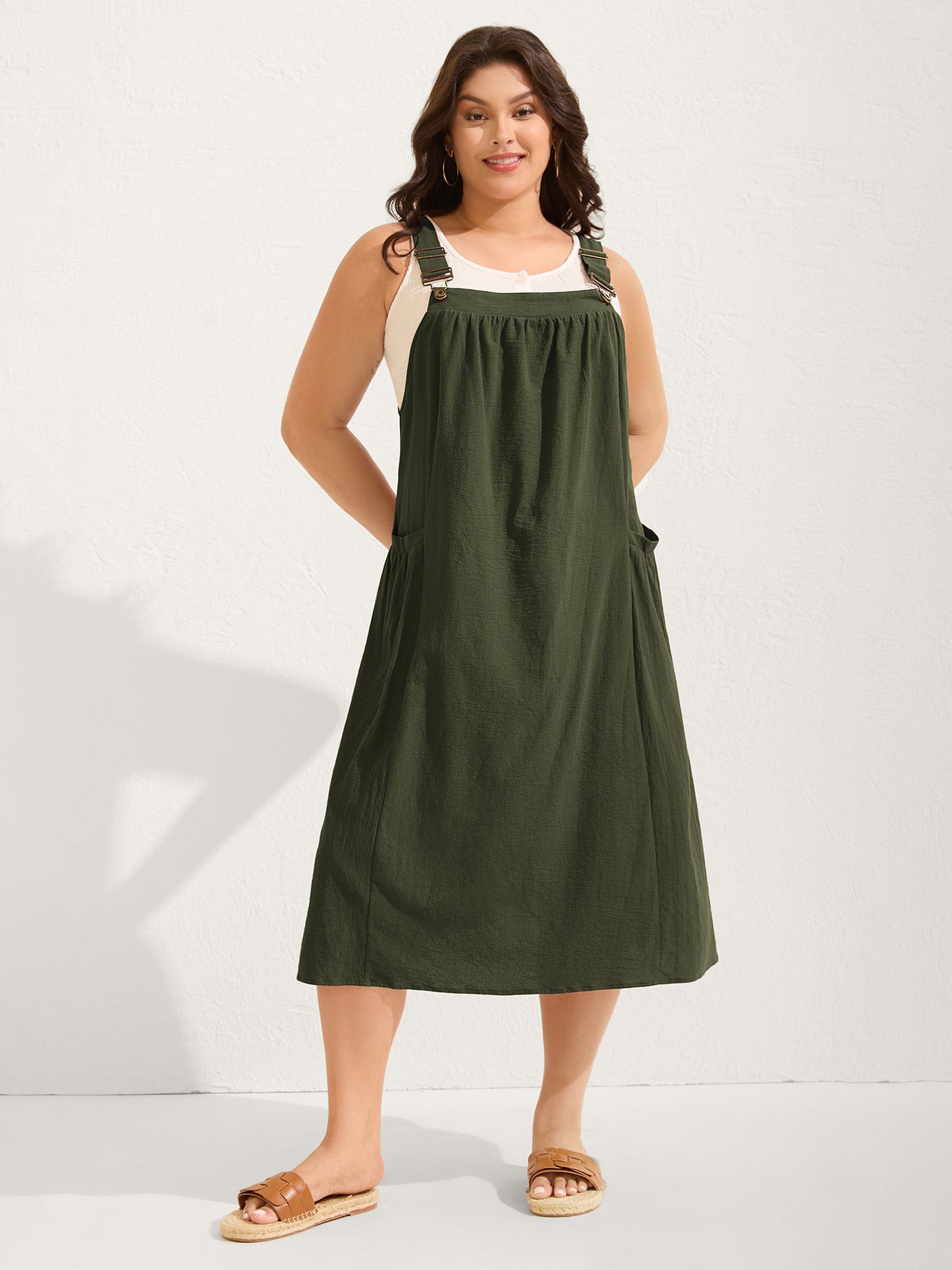 plus size Pure Cotton Pleated Pockets Midi Dress