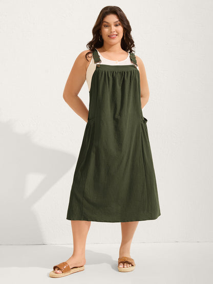 plus size Pure Cotton Pleated Pockets Midi Dress