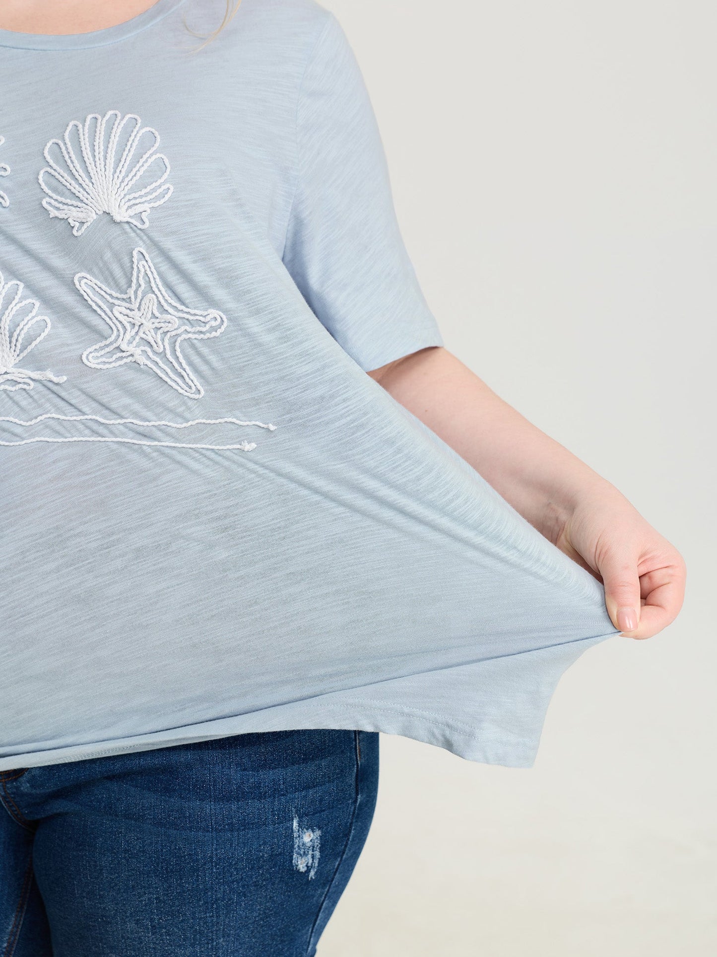 Pure Cotton Ocean Embroidered Stretchy T-Shirt